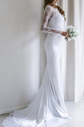 Fabulous White Long Sleeves Mermaid Lace Long Wedding Dress with Train